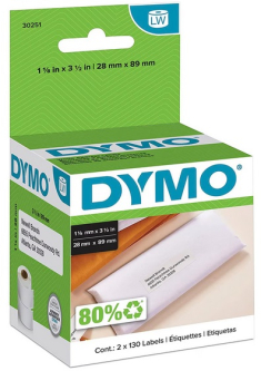 DYMO 30251 1.125" (29MM) X 3.5" (89MM) Direct Thermal Address Label, White, 130 Labels per Roll