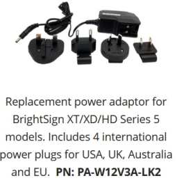 BrightSign PA-W12V3A-LK2 Series Five HD, XD and XT players replacement power supply