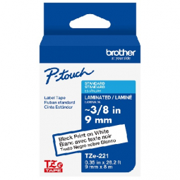 Brother TZE221 P-touch, Standard Laminated Tapes, 3/8IN X 26.2FT Black on White