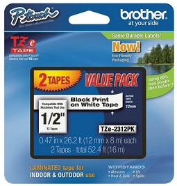 Brother TZE2312PK BRM, 0.47 in X 26.2 FT (12MM X 8M), Black Ink on White Label, 2 Pack