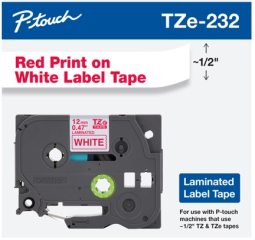 Brother Printer TZE232G P-Touch, Standard Laminated Tapes, 1/2IN X 26.2FT Red on White