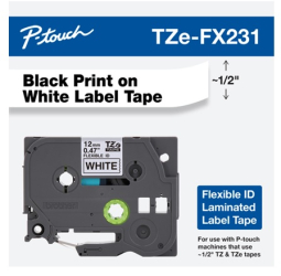 Brother TZEFX231 P-touch, 1/2IN, 12MM Black on White Industrial Tape, 6 per Carton, Priced per Cartr
