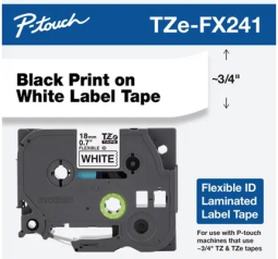 Brother TZEFX241 P-touch, 3/4IN, 18MM Black on White Industrial Tape
