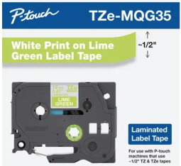 Brother TZEMQG35 0.47 in X 16.4 Feet (12MM X 5M), White Ink on Lime Green Label