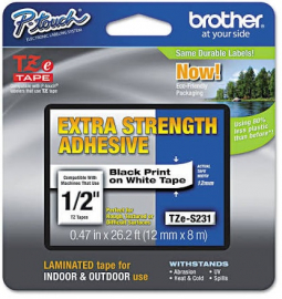 Brother TZES231 P-touch Extra Strength, Super Adhesive Tapes, 1/2IN X 26.2FT Black on White Industri