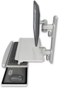 ICW EV65-T19D-KUS-QG LCD mount, 19" Track, two arms, work surface tray and slide-out KB, Gray