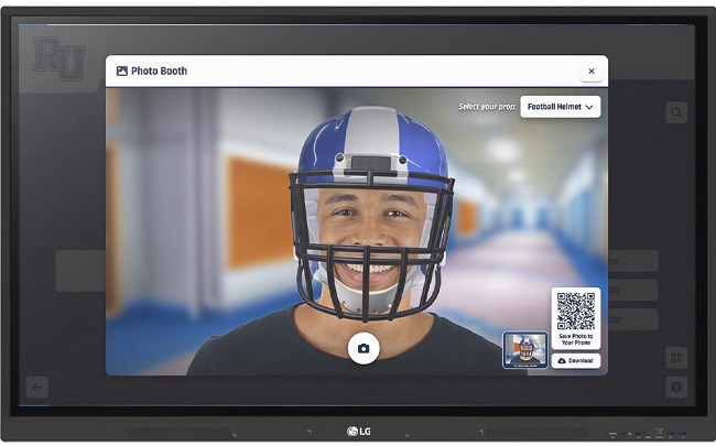 Photobooth touchscreen kiosk capturing photos and GIFs with QR code sharing.