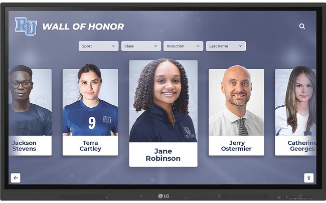 Interactive wall-of-fame touchscreen display showing student and athlete achievements with search filters.