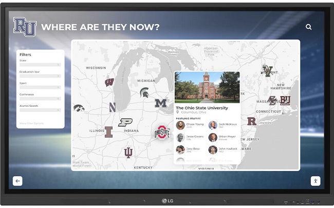 tag: Interactive wayfinding touchscreen kiosk showing building map and route options.